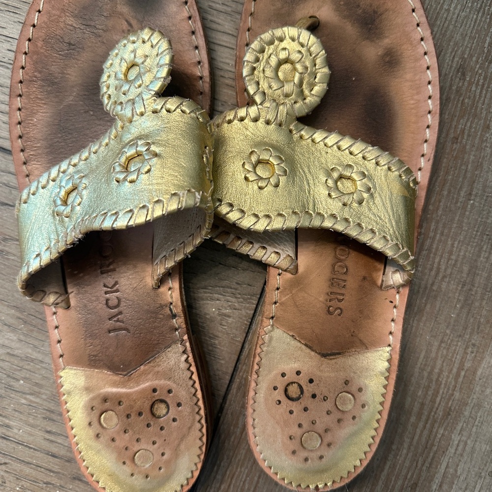 Jack Rogers Gold Sandals with Metallic Whipstitch